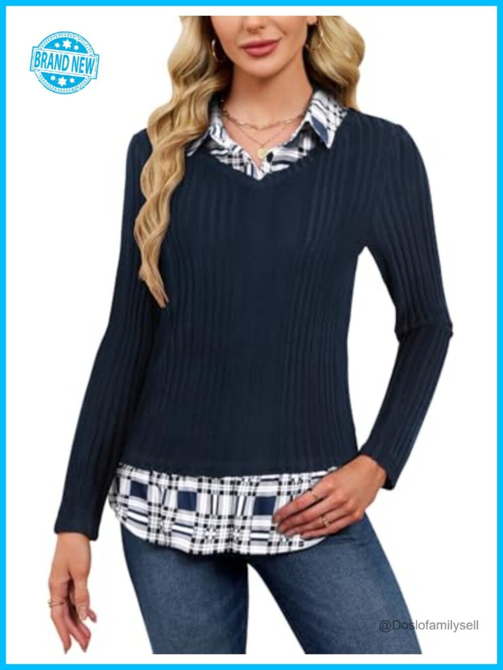 Collared Sweater Shirt Combo Twofer Plaid Ruffle Layered Top